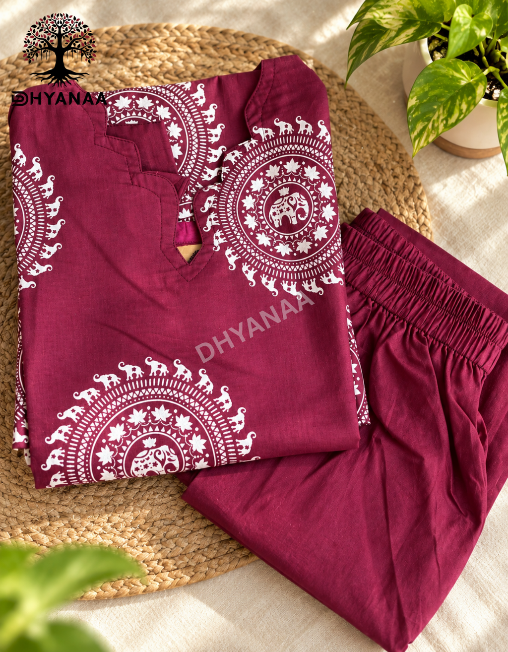 Cotton Block Print Co-Ord Set W/Lining-Rich Wine-LKC2001