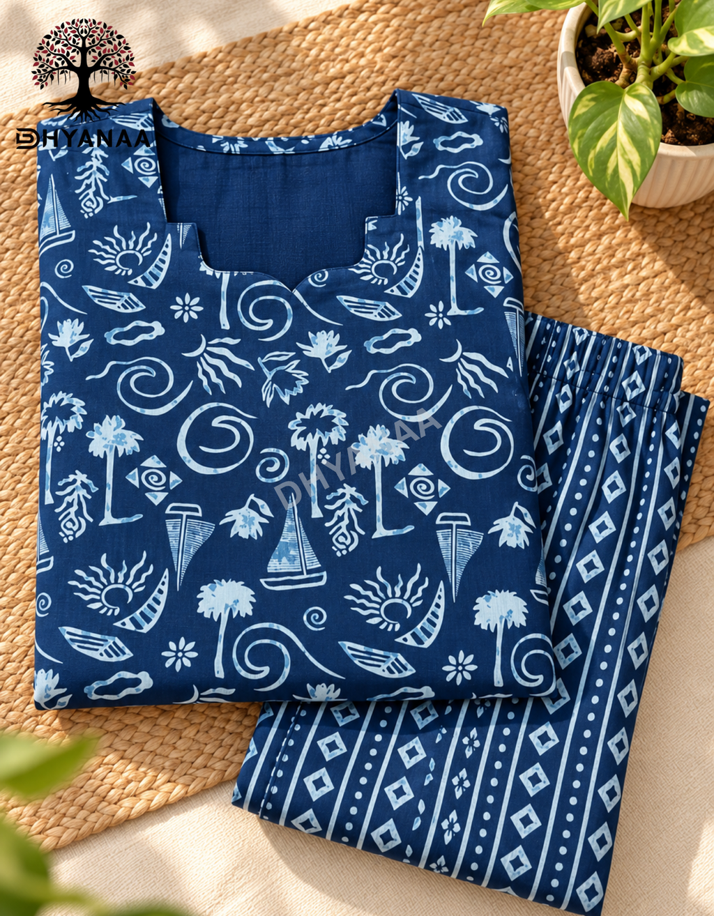 Cotton Kalamkari Print Co-Ord Set W/Lining-Blue-LKC2003
