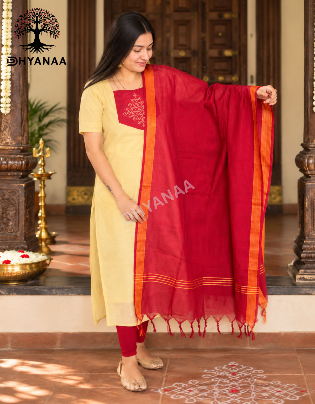 Tissue Silk-2PC Set Kurti and Duppatta Onam Kolam Design with Mangalagiri Duppatta-Sandal-LKTS2001