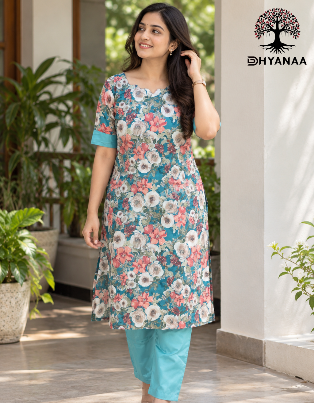 Organza Silk Floral Design Kurti Co-Ord Set W/Lining-LKOS2001