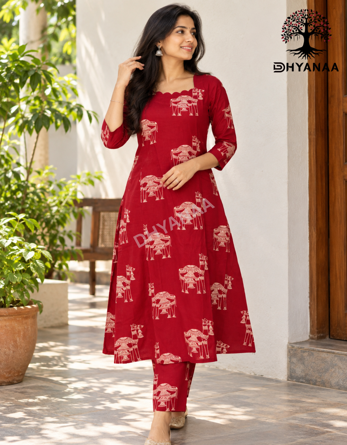 Camel Print A-Line Kurti with Pant Mix cotton Co-ord Set with W/O Lining-ALKMC2003