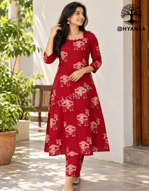 Camel Print A-Line Kurti with Pant Mix cotton Co-ord Set with W/O Lining-ALKMC2003
