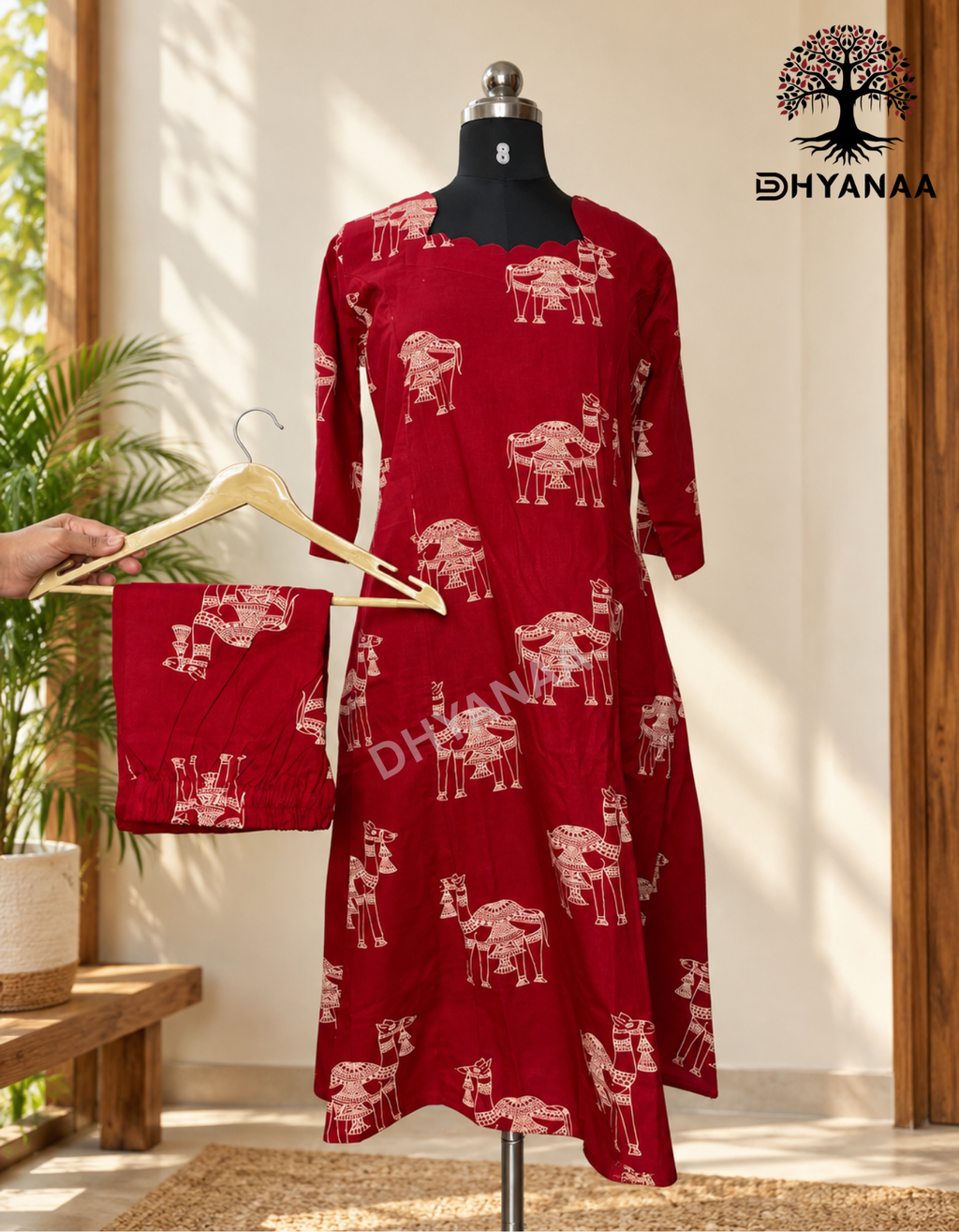 Camel Print A-Line Kurti with Pant Mix cotton Co-ord Set with W/O Lining-ALKMC2003