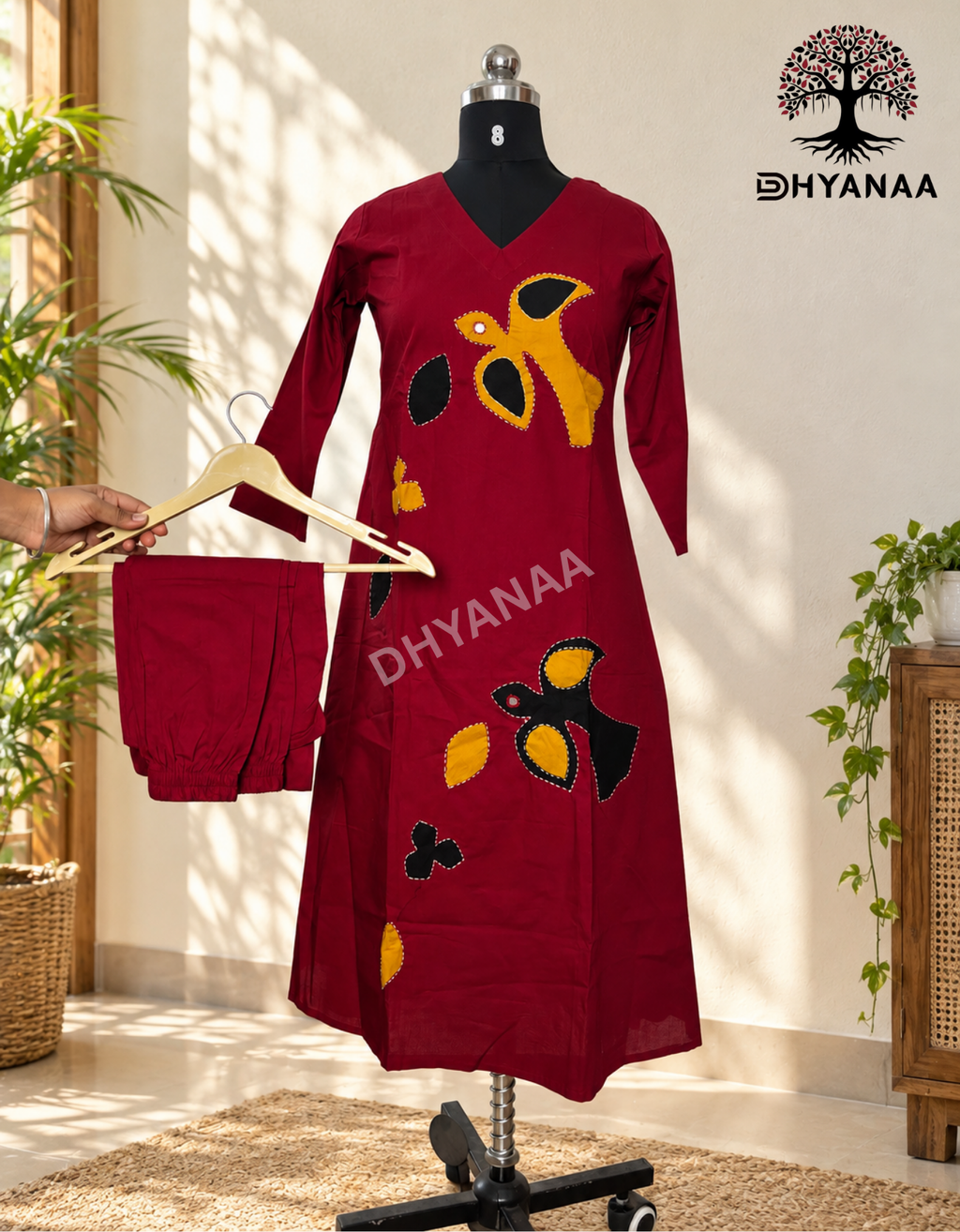 Dabu Cotton Applique Work A-Line Kurti with pant Co-ord Set W/O Lining-ALKMC2001