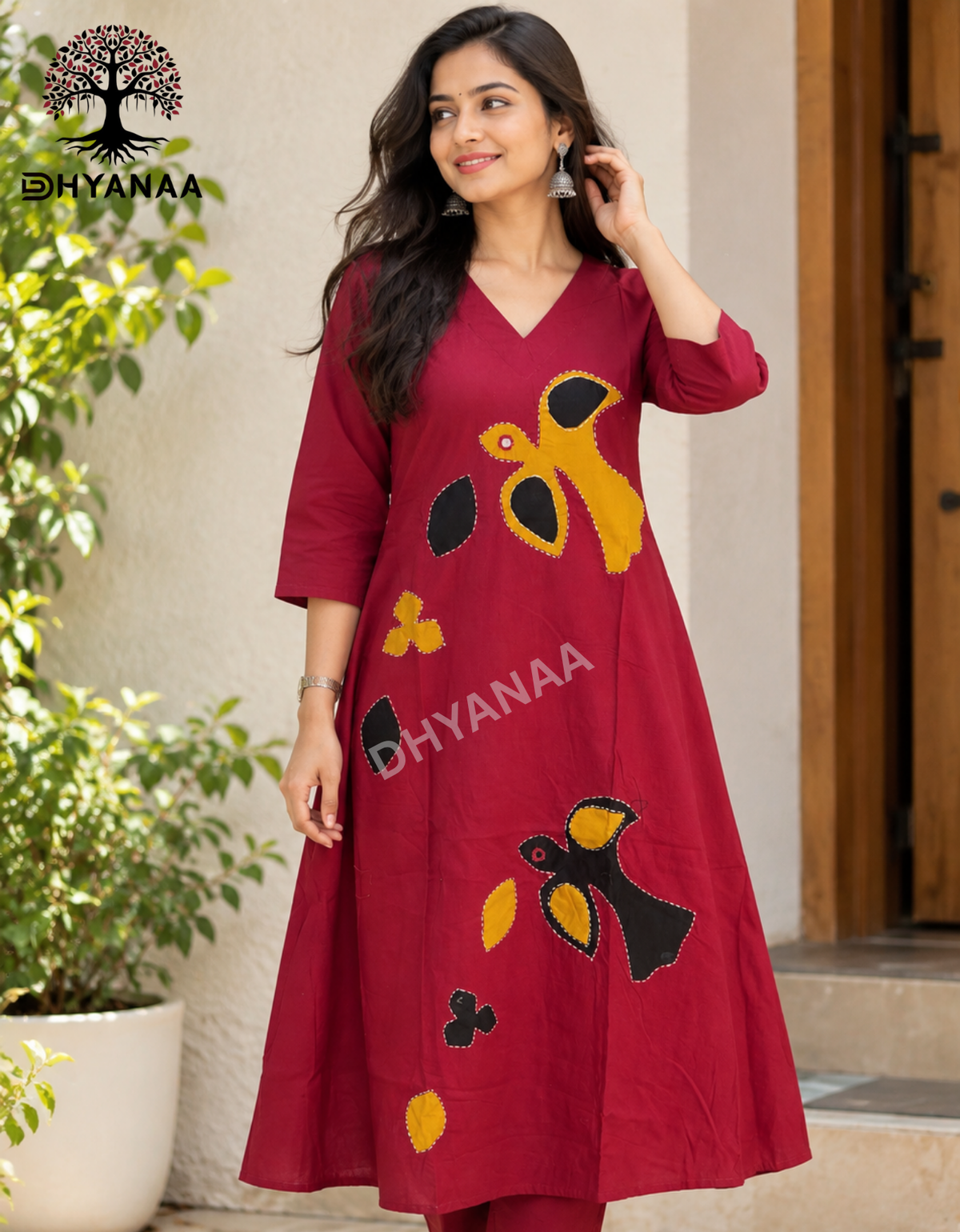 Dabu Cotton Applique Work A-Line Kurti with pant Co-ord Set W/O Lining-ALKMC2001