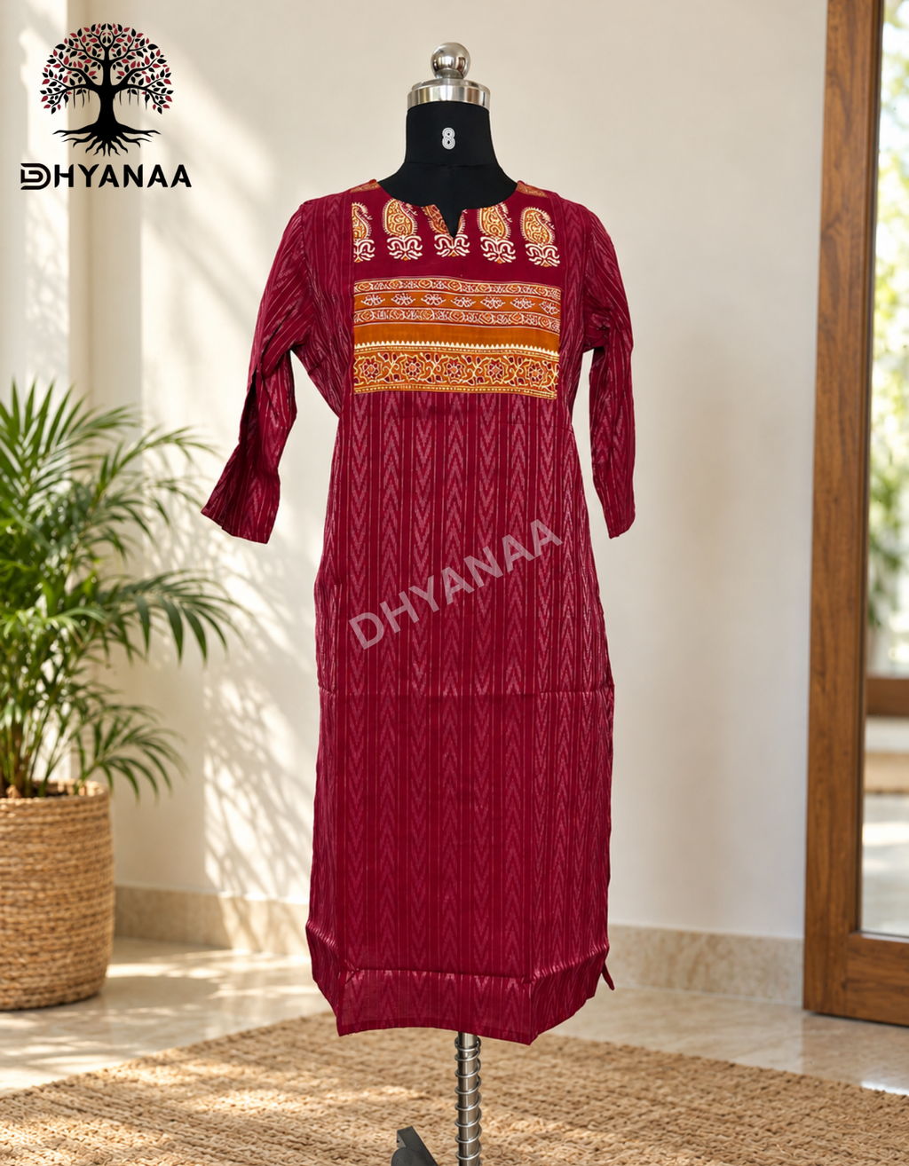 Kurti with Ajrakh Yoke Design W/O Lining-ALKMC001