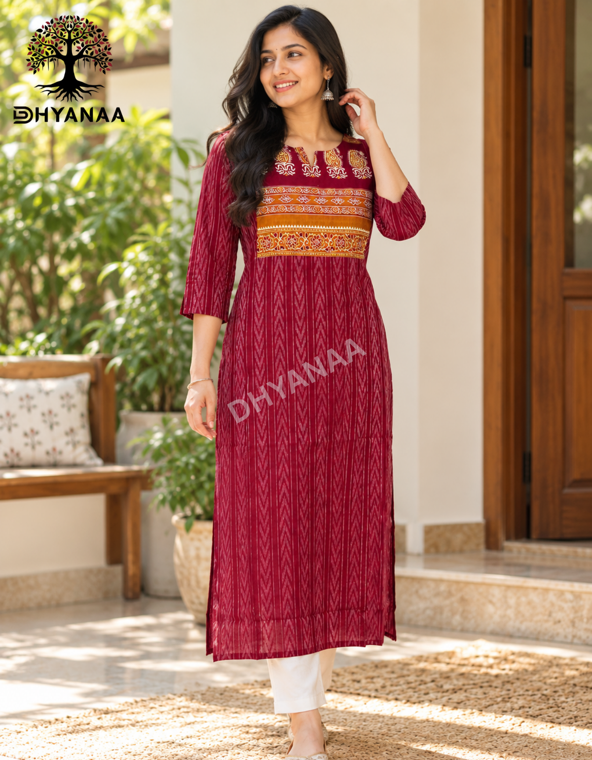 Kurti with Ajrakh Yoke Design W/O Lining-ALKMC001
