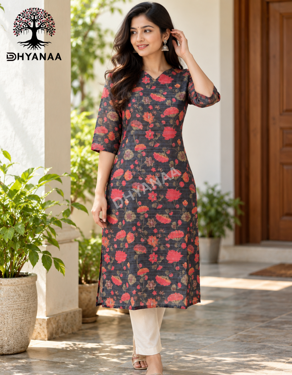 Tissue Silk Floral Design Kurti W/Lining-ALKTS001