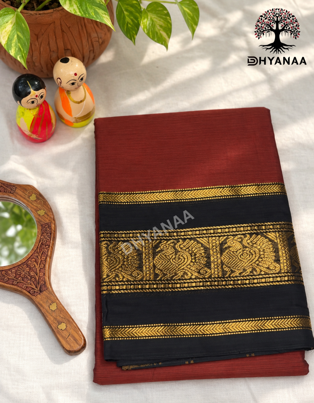 Chettinad Cotton Saree Dark Rust Orange with Rich Zari