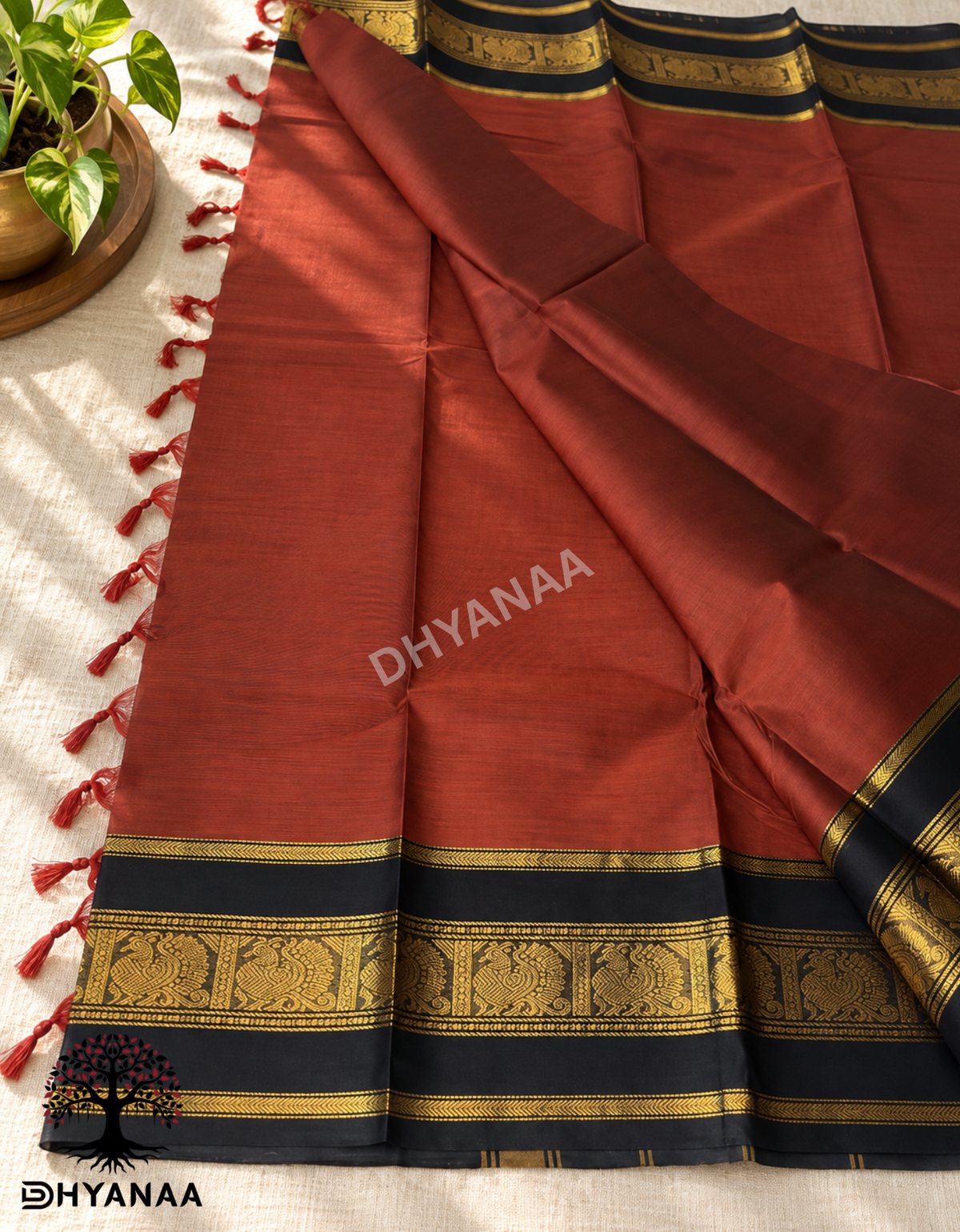 Chettinad Cotton Saree Dark Rust Orange with Rich Zari