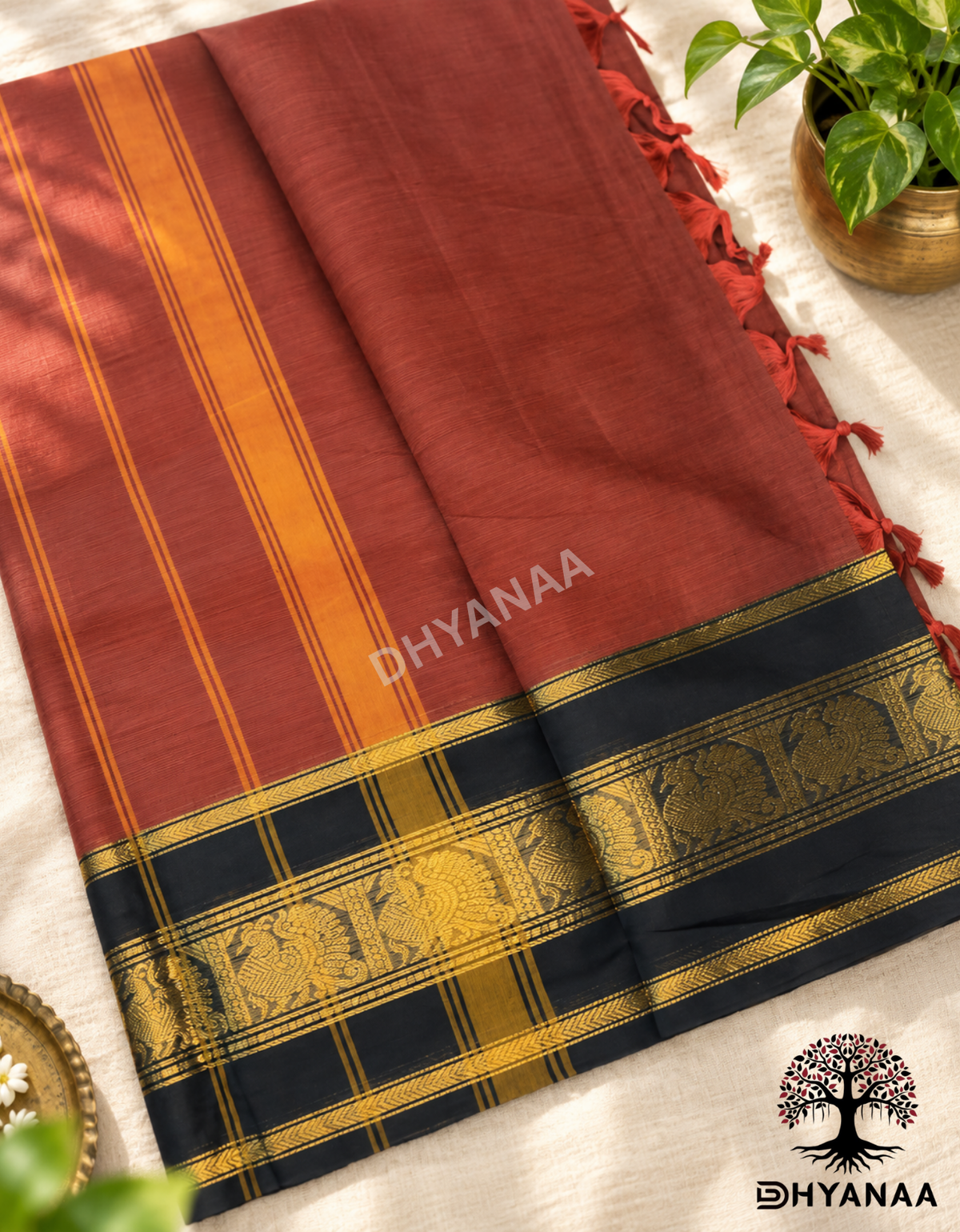 Chettinad Cotton Saree Dark Rust Orange with Rich Zari