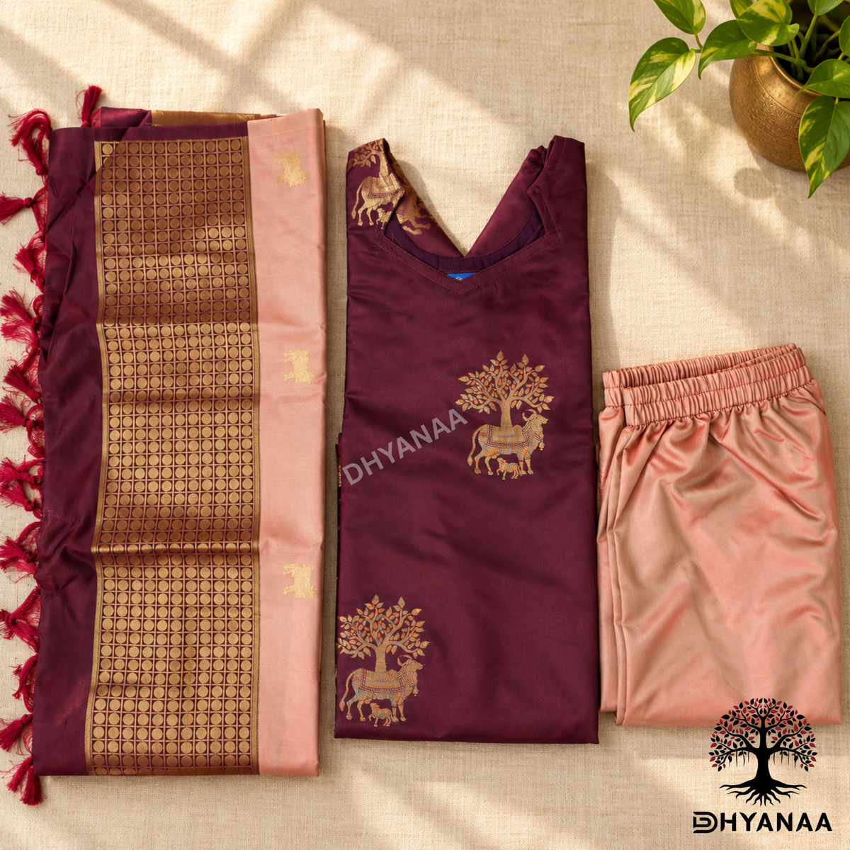 Nalinam-Soft Silk 3Pc Set Maroon and Peach W/Lining - LKSS3002
