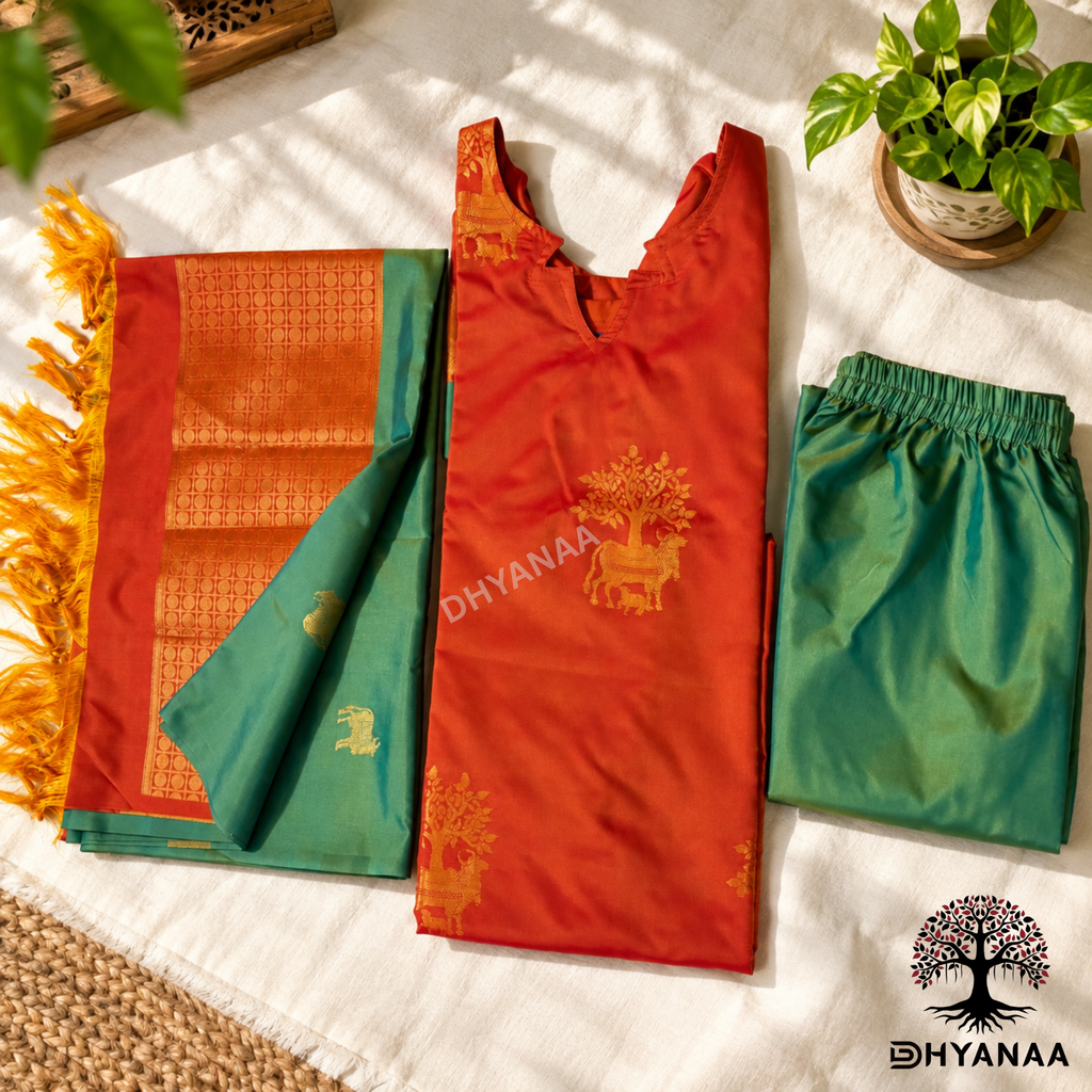 Nalinam-Soft Silk 3Pc Set Orange and Green W/Lining - LKSS3001
