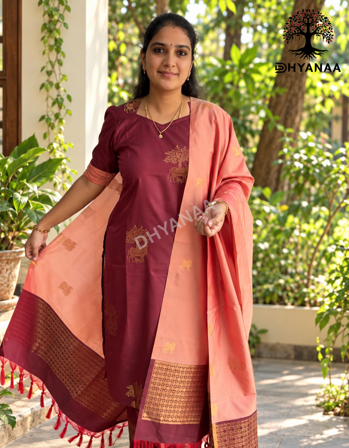 Nalinam-Soft Silk 3Pc Set Maroon and Peach W/Lining - LKSS3002