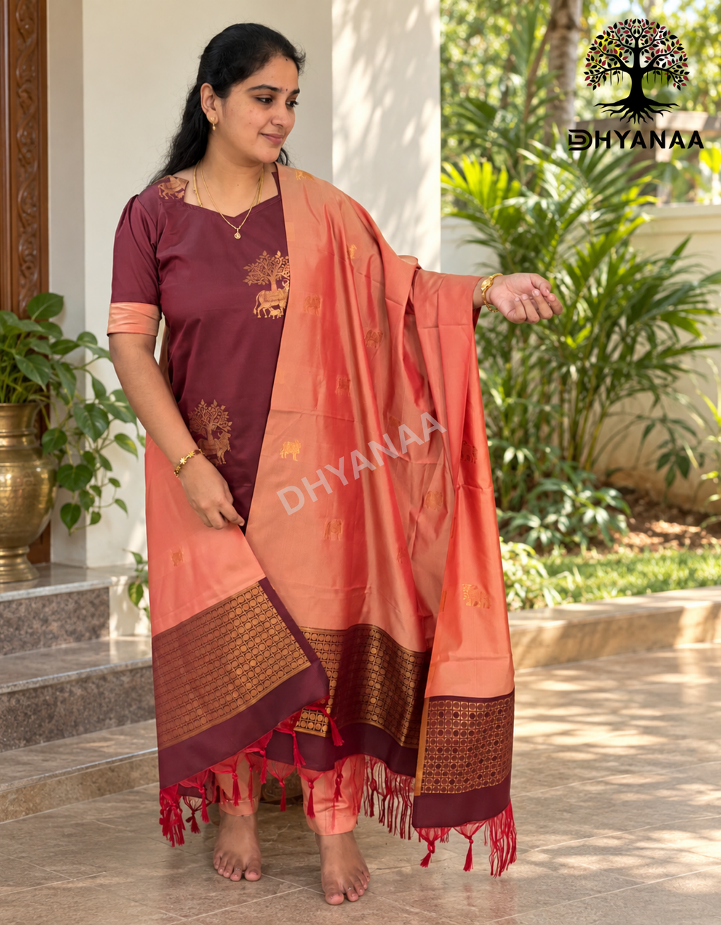 Nalinam-Soft Silk 3Pc Set Maroon and Peach W/Lining - LKSS3002