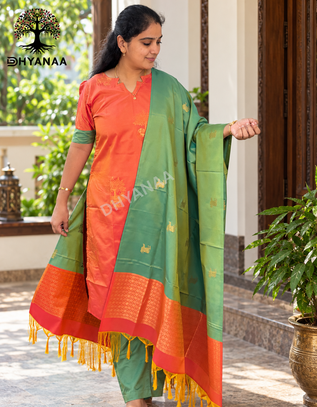 Nalinam-Soft Silk 3Pc Set Orange and Green W/Lining - LKSS3001