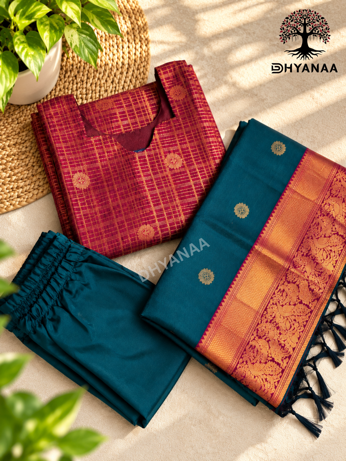 Nalinam-Silk 3Pc Set Maroon and Bottle Green W/Lining - LKSS3003