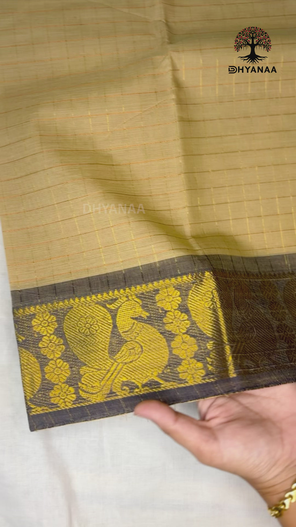 Beige Gold Zari Checks Chettinad Cotton Saree with Annam Motifs Rich Border